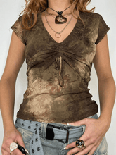 Vintage V-Ausschnitt Mesh Print Kurzarm T-Shirt